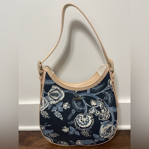 Spartina 449 Bella Hobo Oyster Factory Blue White Cream Linen Leather Hobo Bag - Picture 3 of 11